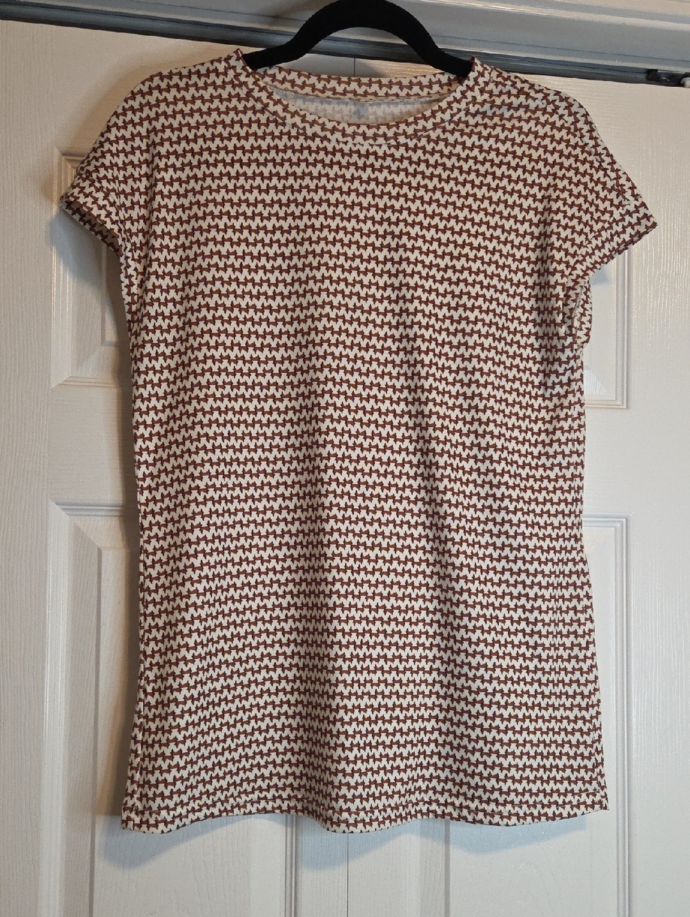 Amazon Short Sleeve Crewneck Top - Cream and Brown Pattern